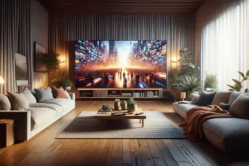 A modern living room with a large TV displaying a collage of popular movies and series.