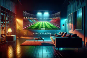 alt_text: A cinematic living room at night, lit by a large TV showing a live Eredivisie match on an IPTV service.