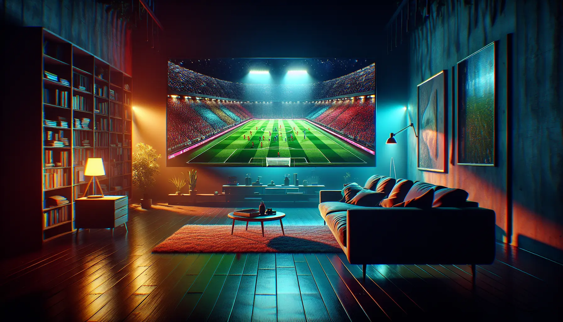 alt_text: A cinematic living room at night, lit by a large TV showing a live Eredivisie match on an IPTV service.