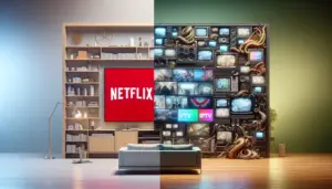 Split-screen comparison: a minimalist Netflix setup versus a multi-screen IPTV entertainment center.