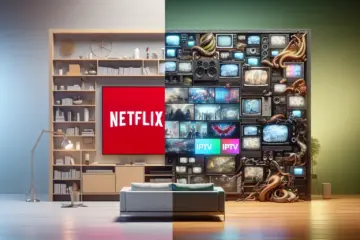 Split-screen comparison: a minimalist Netflix setup versus a multi-screen IPTV entertainment center.