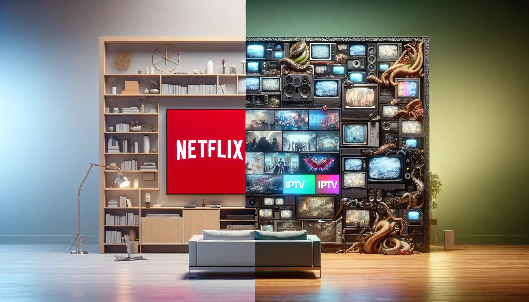 Split-screen comparison: a minimalist Netflix setup versus a multi-screen IPTV entertainment center.