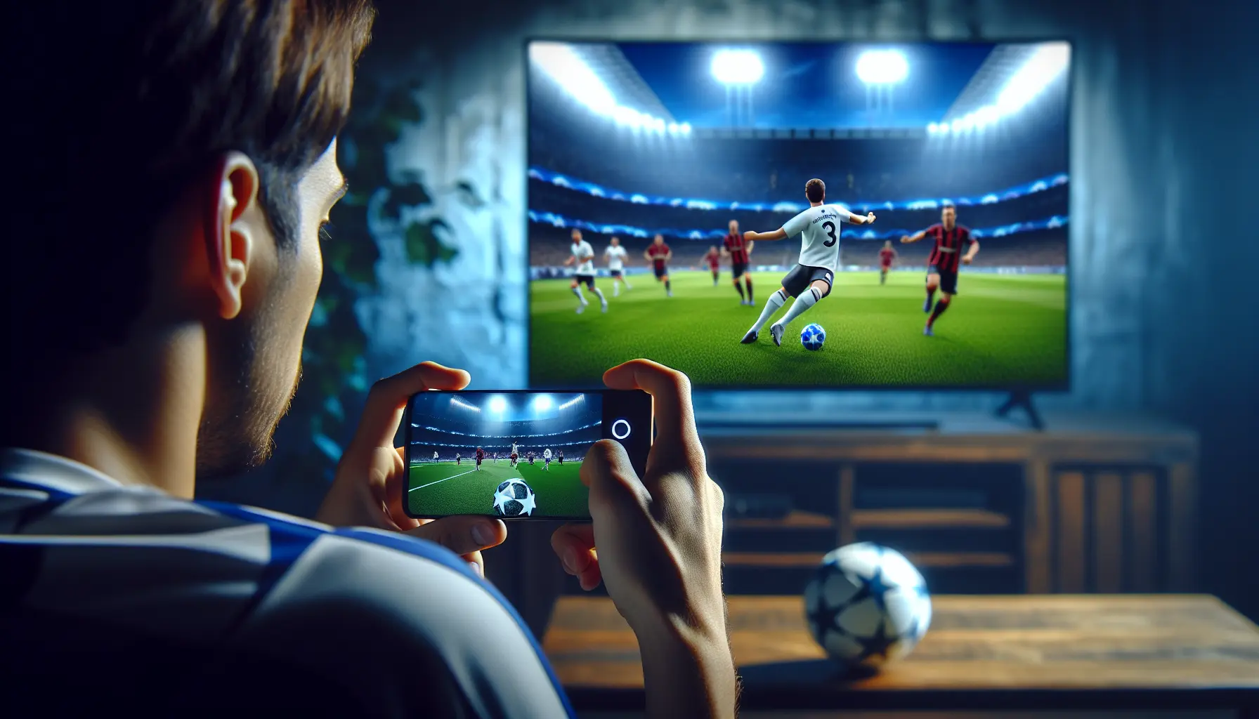 alt_text: A fan watches a high-definition Champions League football match on a smartphone, with a Premier League game on the TV.