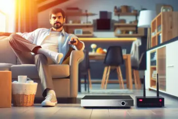 A person with a remote in a bright living room watches TV; set-top box, router, and devices nearby.