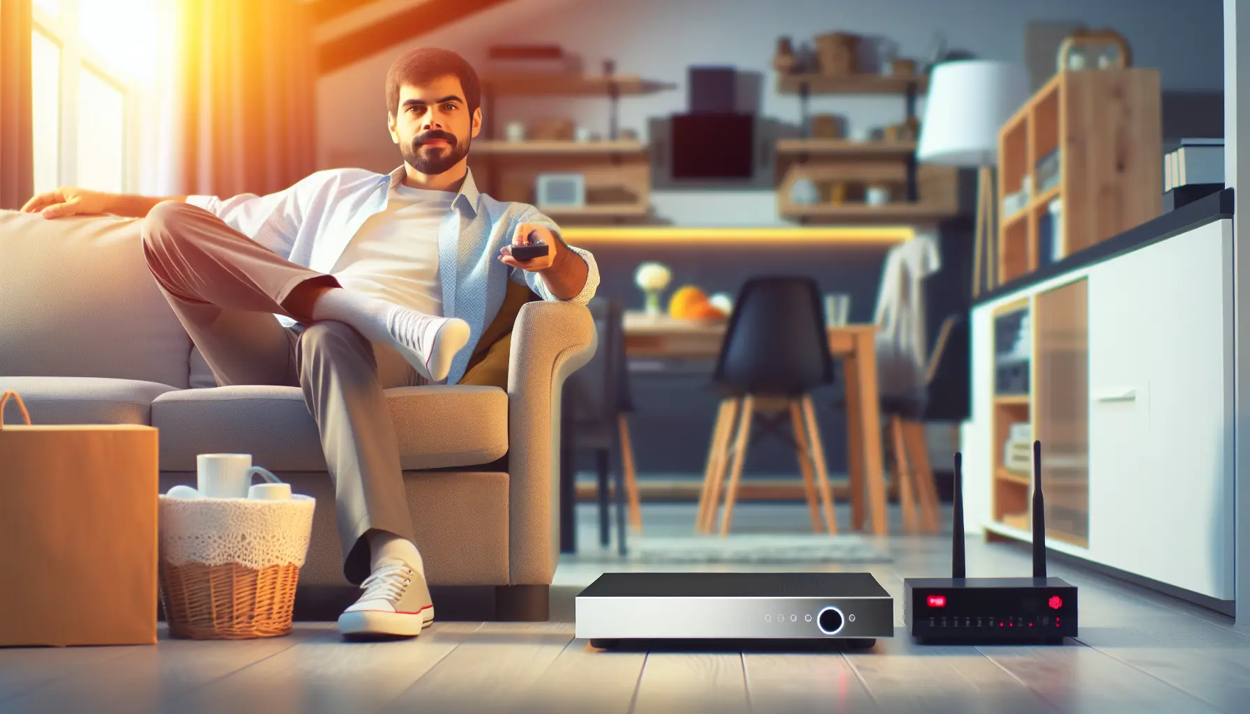 A person with a remote in a bright living room watches TV; set-top box, router, and devices nearby.