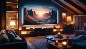 alt_text: A cozy living room with a large TV showing a movie with clear Dutch subtitles, set for a relaxing evening.