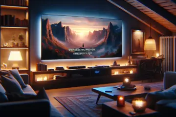 alt_text: A cozy living room with a large TV showing a movie with clear Dutch subtitles, set for a relaxing evening.