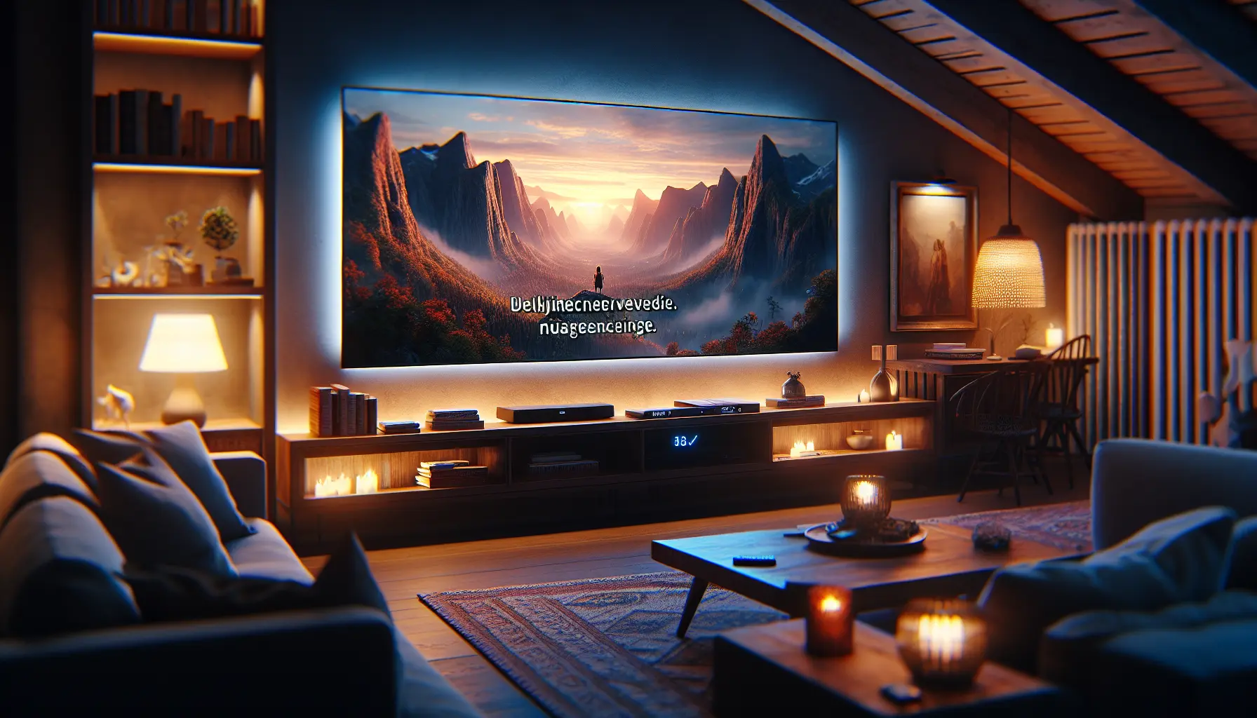 alt_text: A cozy living room with a large TV showing a movie with clear Dutch subtitles, set for a relaxing evening.