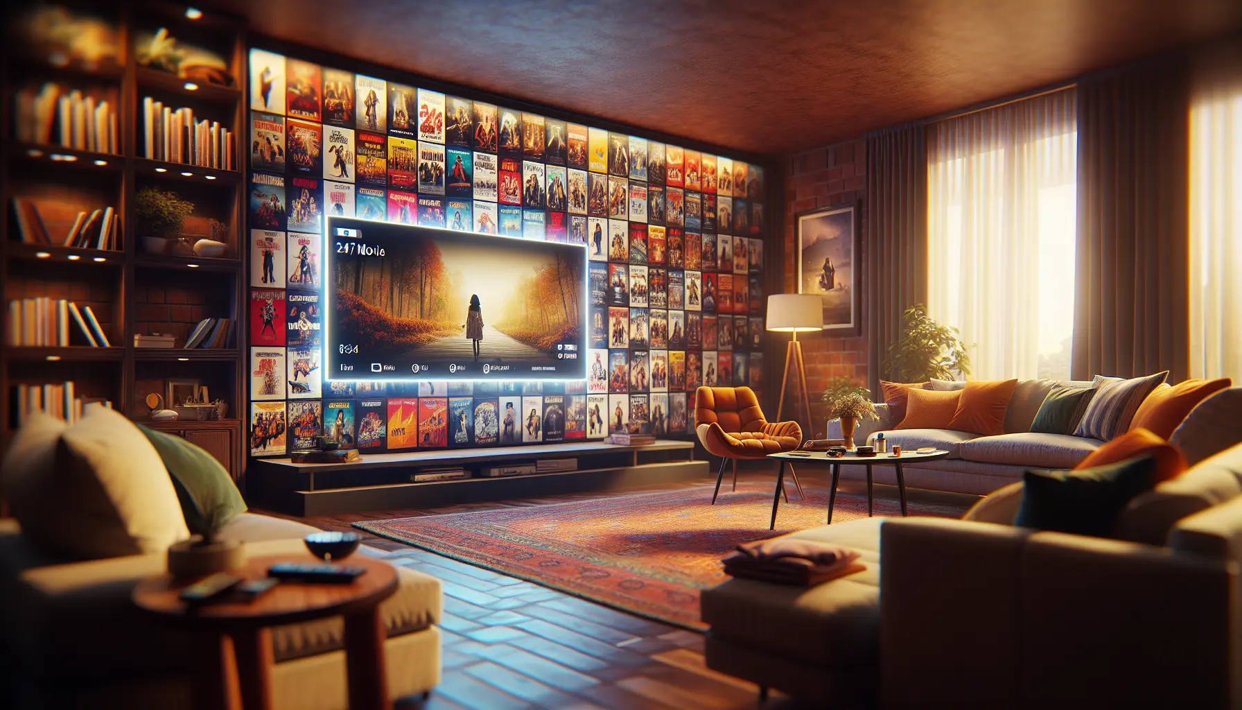 alt_text: A cozy living room with a large TV displaying a vibrant collage of movie posters, symbolizing endless 24/7 film channels.