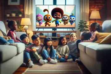 A diverse group of children watching friendly cartoon mascots on a large TV in a cozy living room.