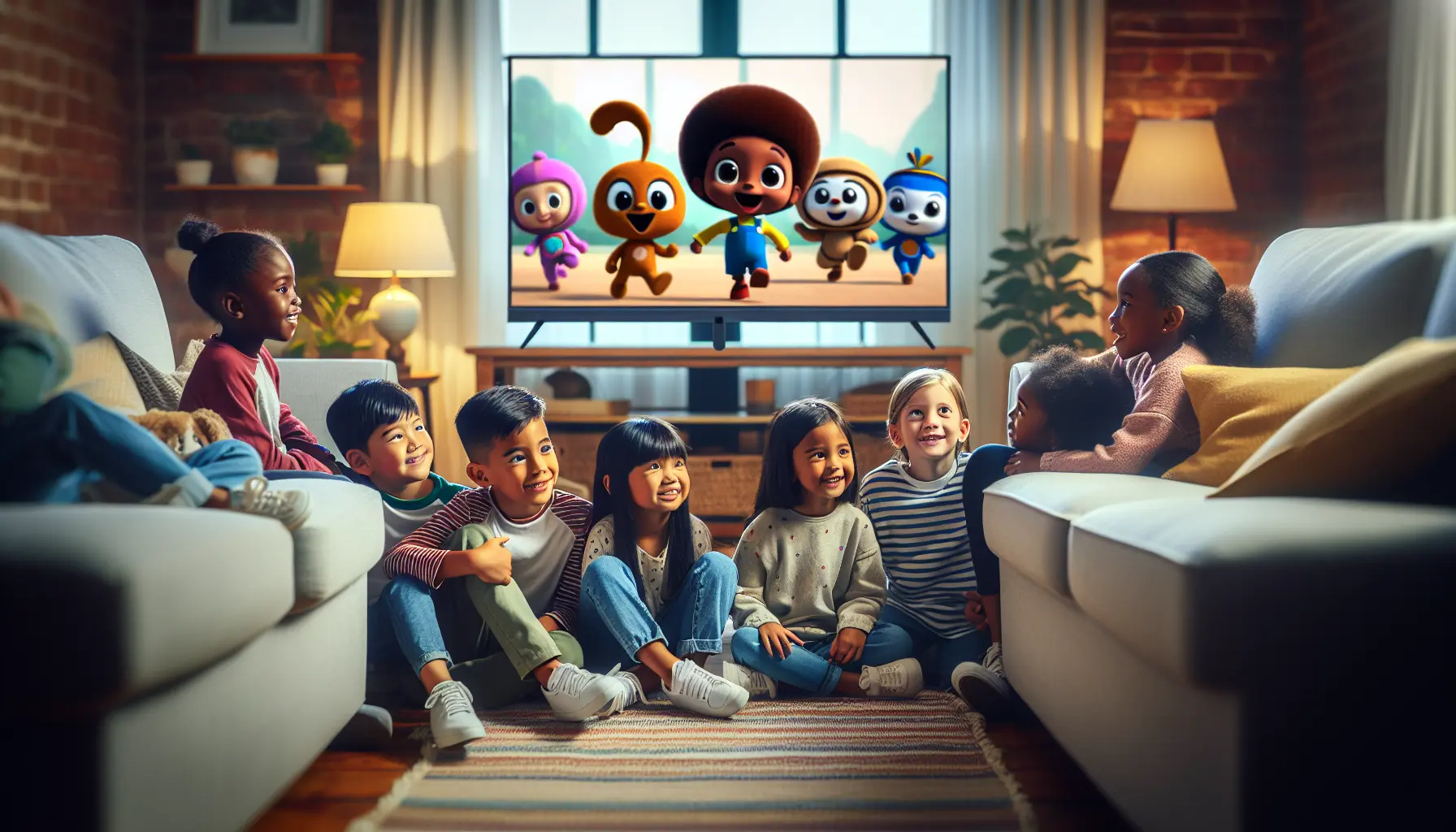 A diverse group of children watching friendly cartoon mascots on a large TV in a cozy living room.