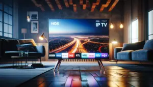 A sleek TV displaying live news from NOS, RTL, and BBC via a modern IPTV service.