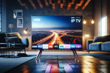 A sleek TV displaying live news from NOS, RTL, and BBC via a modern IPTV service.