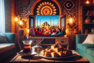 A cozy living room with a large TV showing vibrant Turkish and Arabic channels, featuring cultural details like coffee and baklava.