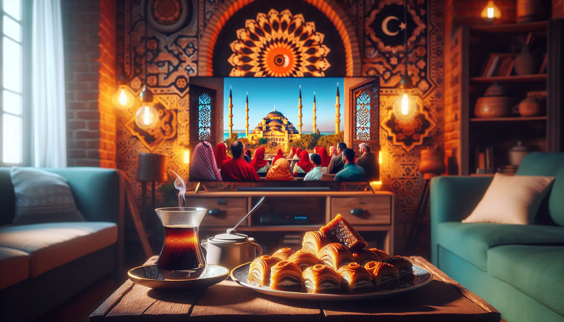 A cozy living room with a large TV showing vibrant Turkish and Arabic channels, featuring cultural details like coffee and baklava.