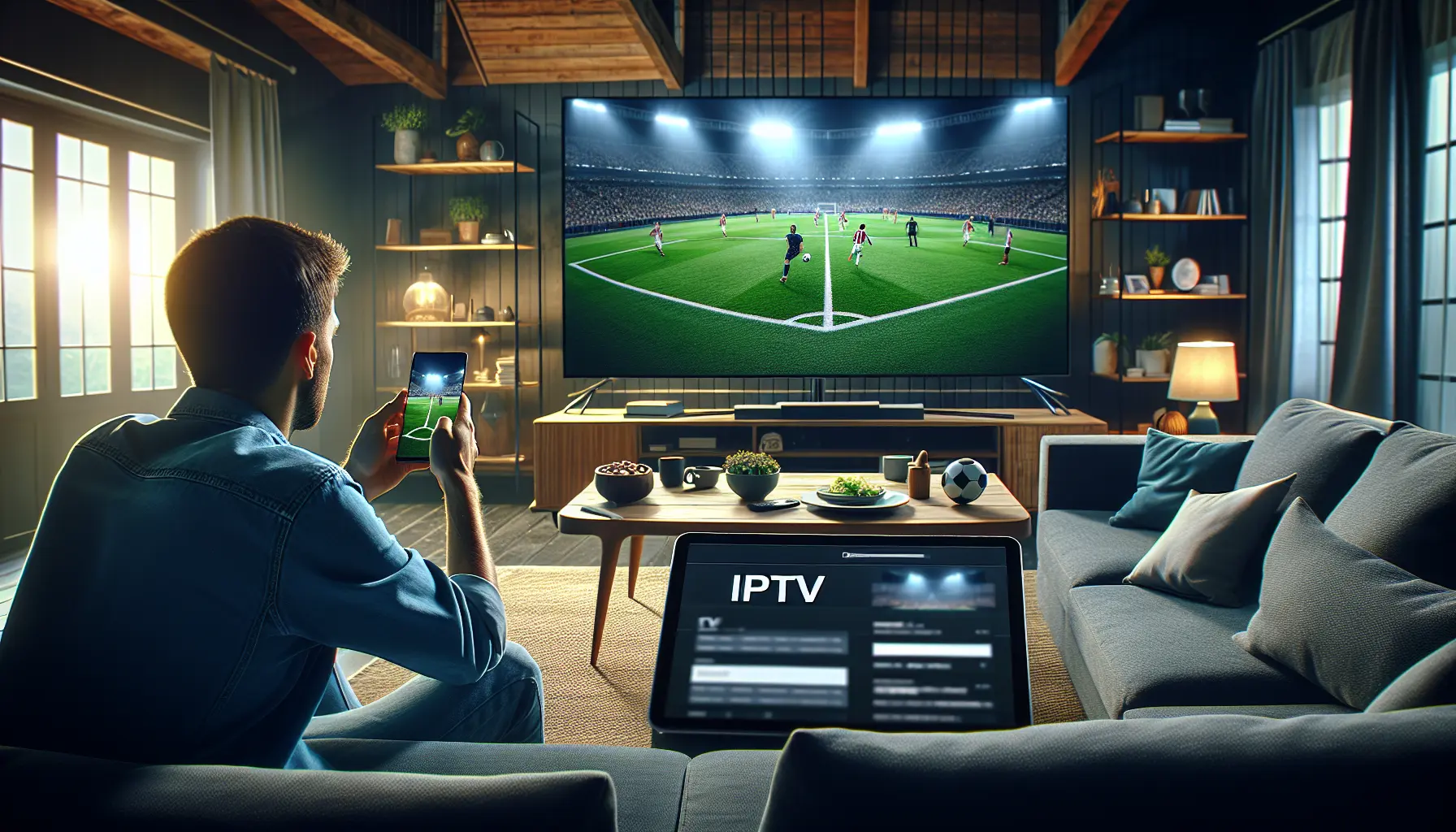 A sports fan watches a live football match on a large TV, with a smartphone and tablet showing IPTV apps, in a cozy modern living room.