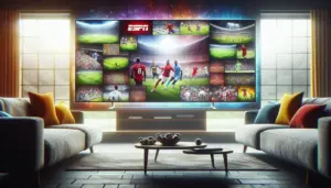alt_text: A modern living room with a large TV displaying a collage of live sports from ESPN and Sky Sports.