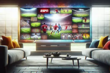 alt_text: A modern living room with a large TV displaying a collage of live sports from ESPN and Sky Sports.