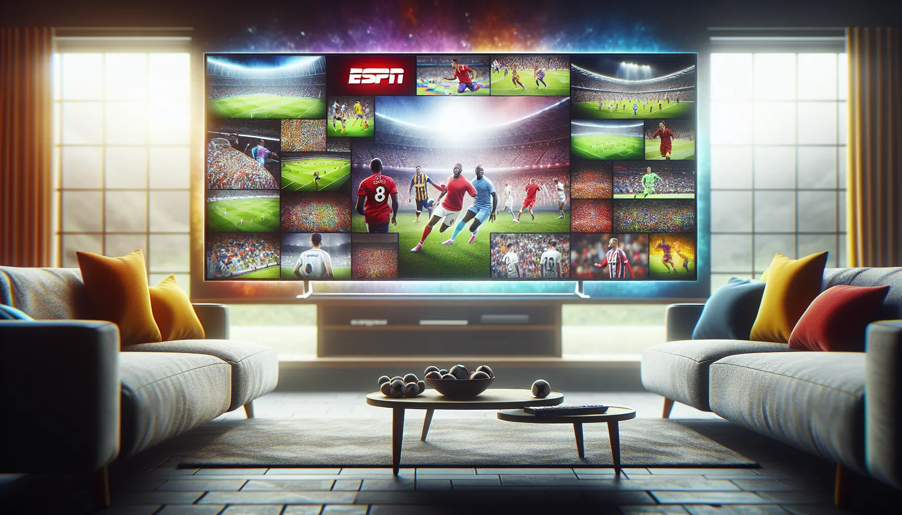 alt_text: A modern living room with a large TV displaying a collage of live sports from ESPN and Sky Sports.