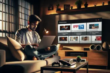 Alt text: A person on a sofa compares IPTV packages on a laptop for their home entertainment setup.