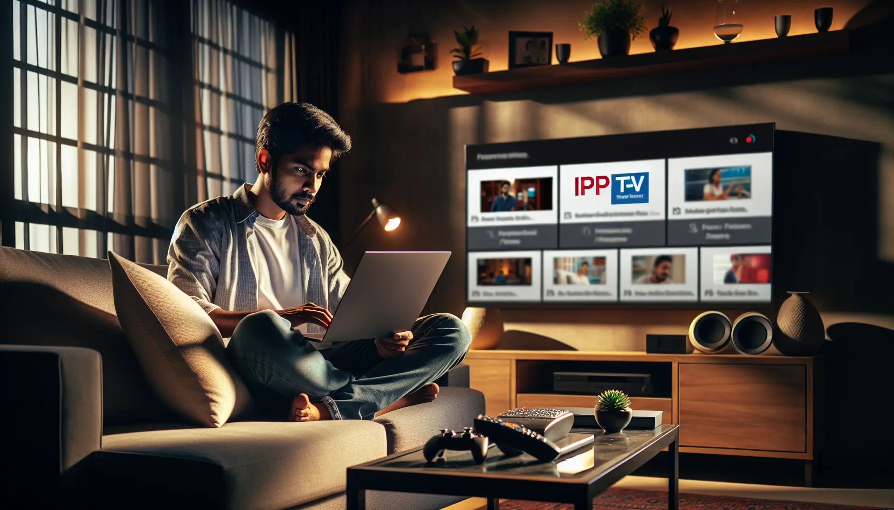 Alt text: A person on a sofa compares IPTV packages on a laptop for their home entertainment setup.