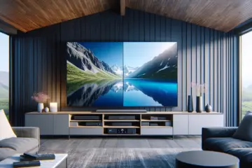 alt_text: Split-screen TV compares sharp 4K vs. soft Full HD in a modern living room, featuring an IPTV set-top box.