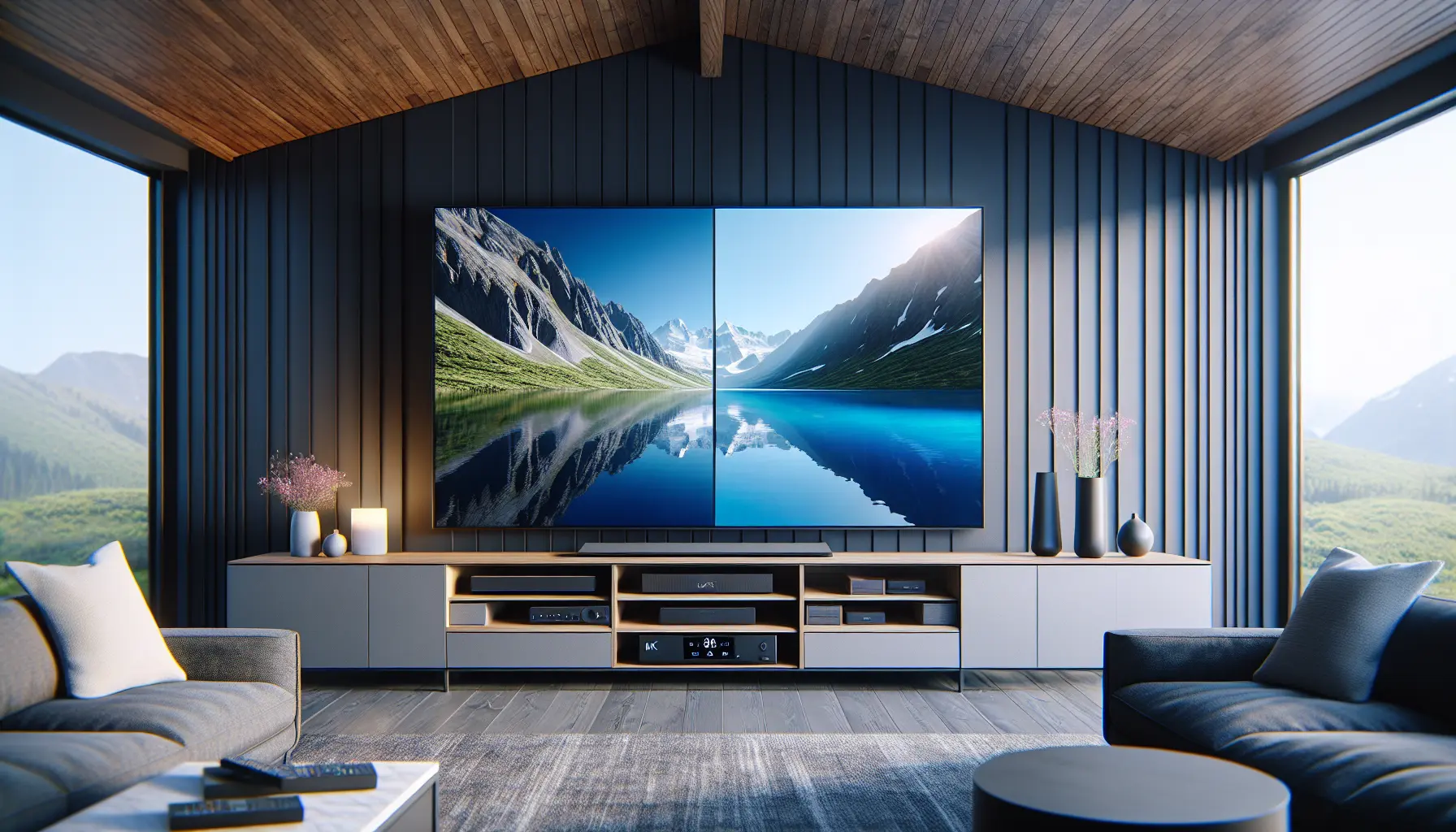 alt_text: Split-screen TV compares sharp 4K vs. soft Full HD in a modern living room, featuring an IPTV set-top box.