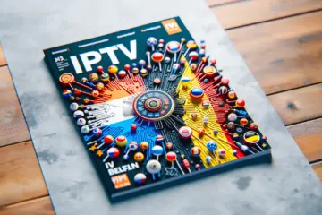 Vibrant IPTV magazine cover comparing Dutch and Belgian TV with iconic symbols and tech icons.