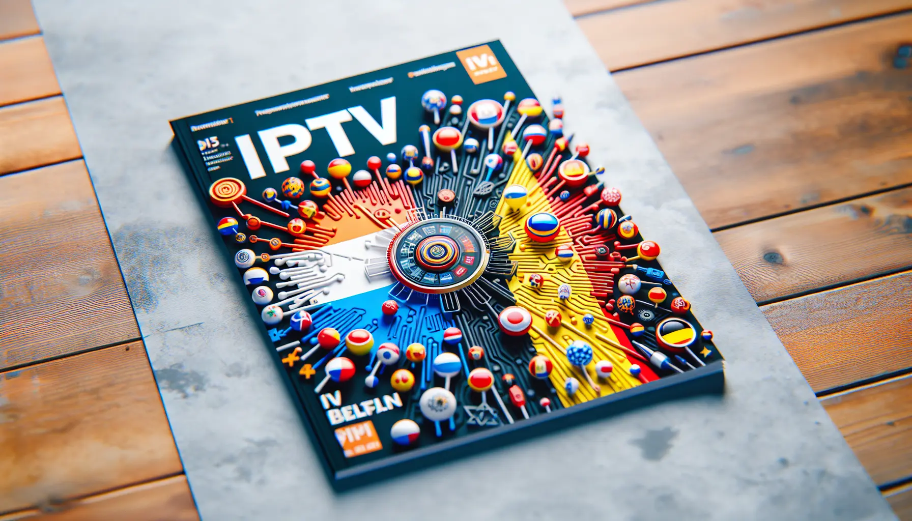 Vibrant IPTV magazine cover comparing Dutch and Belgian TV with iconic symbols and tech icons.