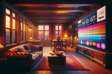 alt_text: A cozy Dutch living room at dusk, with a large TV displaying a colorful music channel's on-screen graphics.