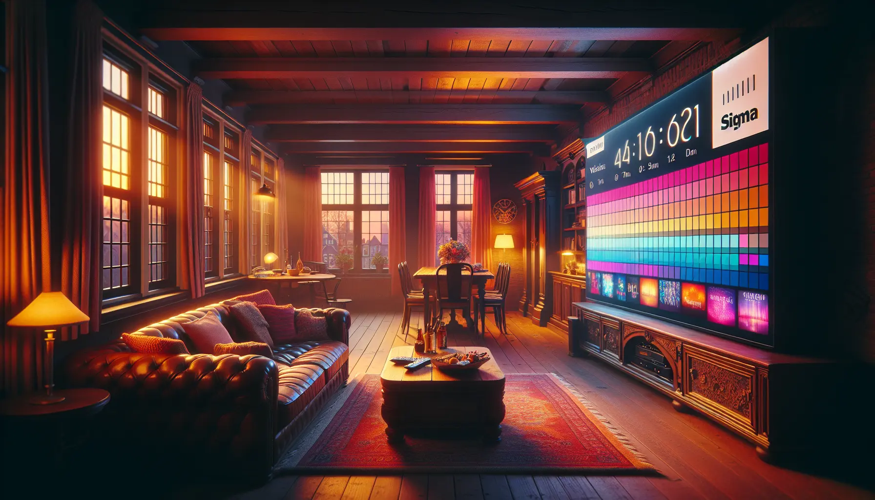 alt_text: A cozy Dutch living room at dusk, with a large TV displaying a colorful music channel's on-screen graphics.