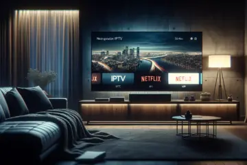 A sleek TV displaying a hybrid IPTV and Netflix-style interface in a modern, cozy living room at night.