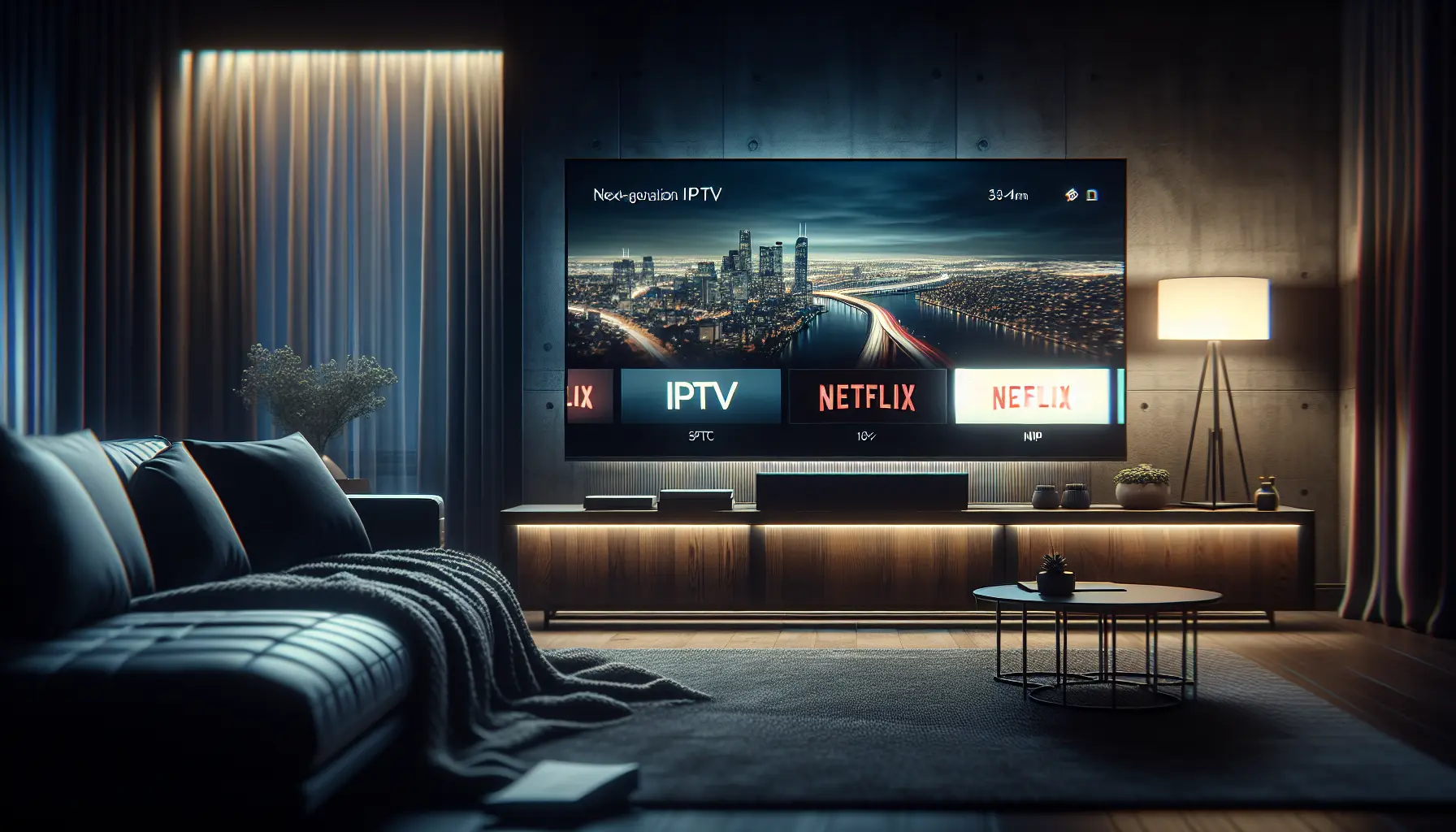 A sleek TV displaying a hybrid IPTV and Netflix-style interface in a modern, cozy living room at night.