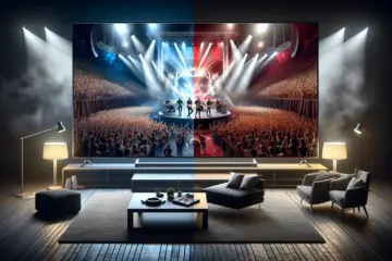 A dynamic split-screen showing a live concert on stage and the same event streamed in high definition on a home TV.