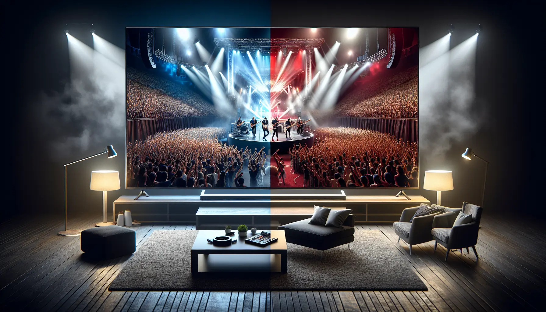 A dynamic split-screen showing a live concert on stage and the same event streamed in high definition on a home TV.