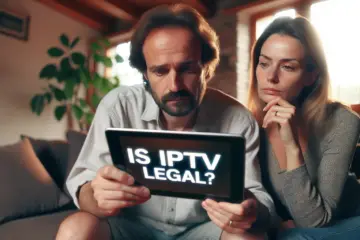 A Dutch couple at home, thoughtfully watching their TV and a tablet asking "Is IPTV legal?"