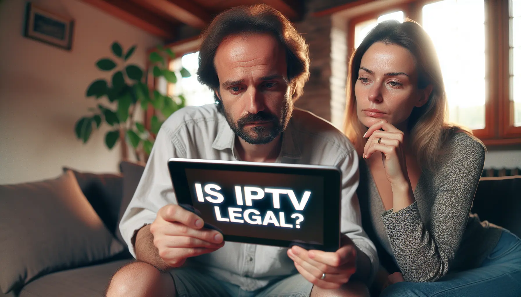 A Dutch couple at home, thoughtfully watching their TV and a tablet asking "Is IPTV legal?"