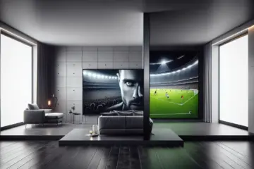 alt_text:A modern living room with a large TV showing a split-screen of a live football match and a blockbuster movie.
