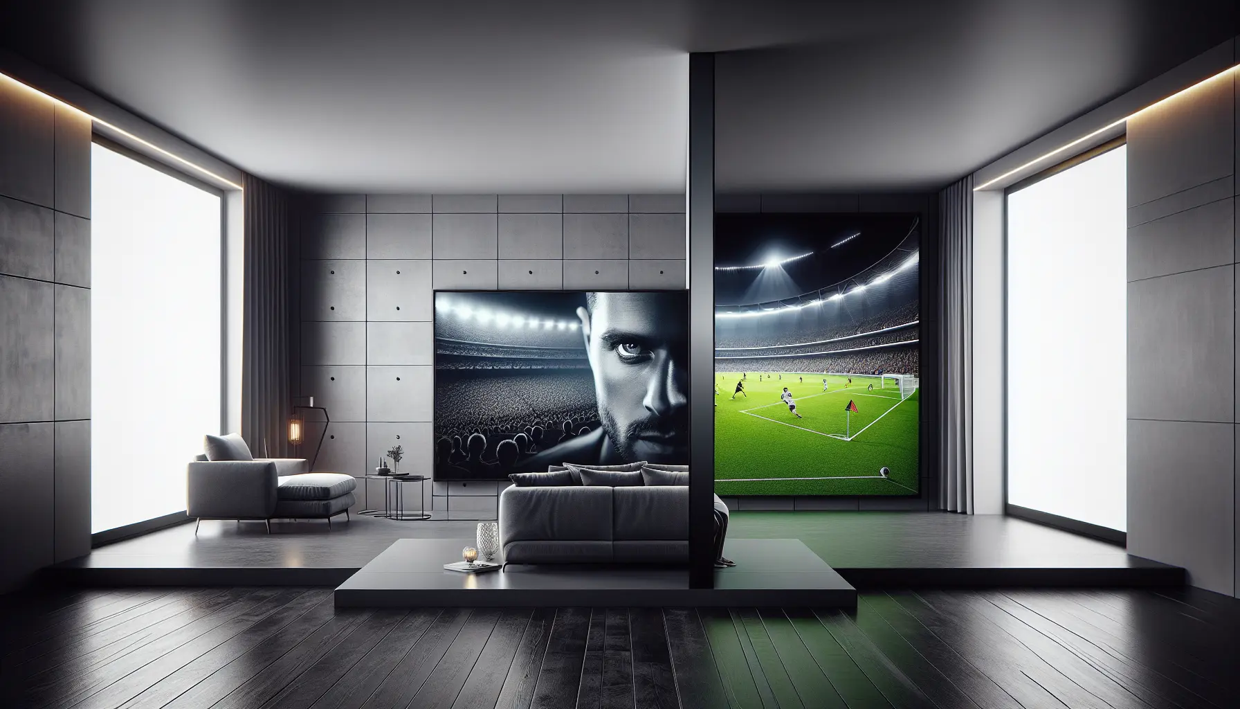 alt_text:A modern living room with a large TV showing a split-screen of a live football match and a blockbuster movie.
