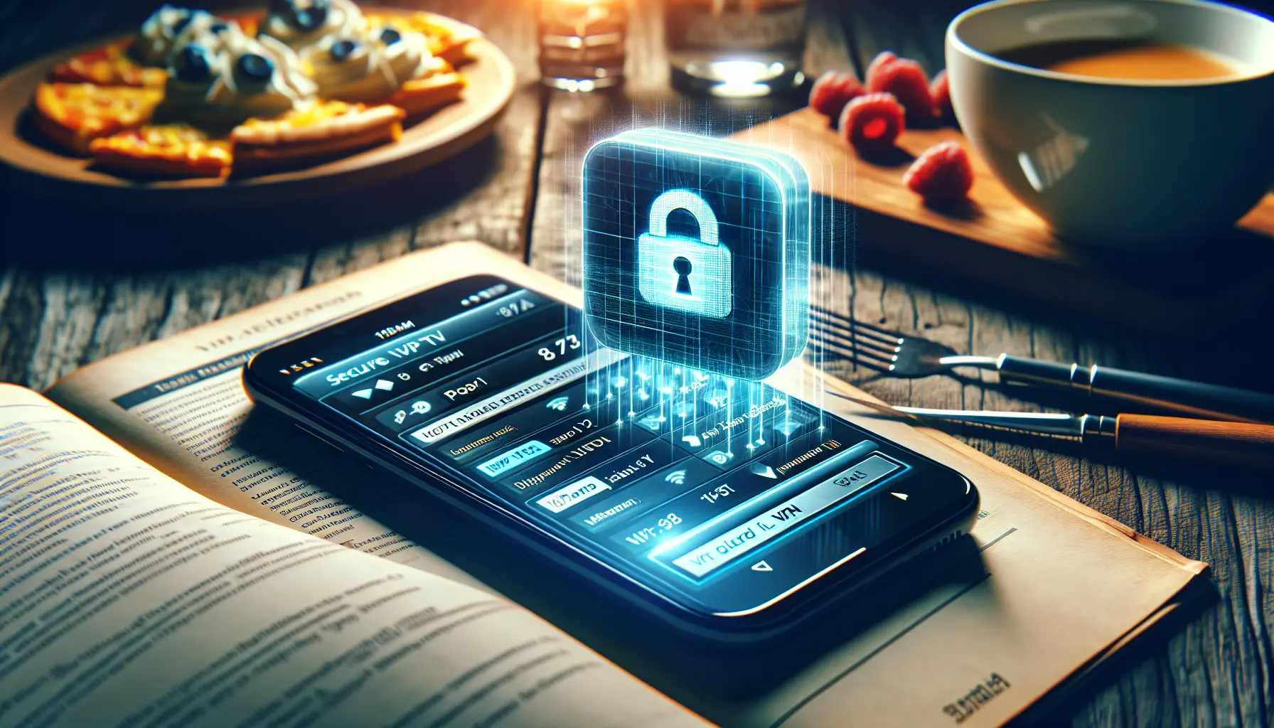 A smartphone displaying an IPTV guide, protected by a VPN lock icon symbolizing security.