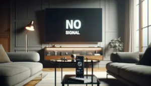 A modern living room with a TV displaying "No Signal" and a smartphone showing a troubleshooting guide.