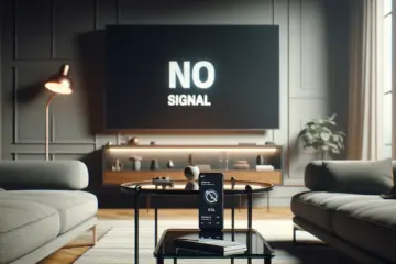 A modern living room with a TV displaying "No Signal" and a smartphone showing a troubleshooting guide.