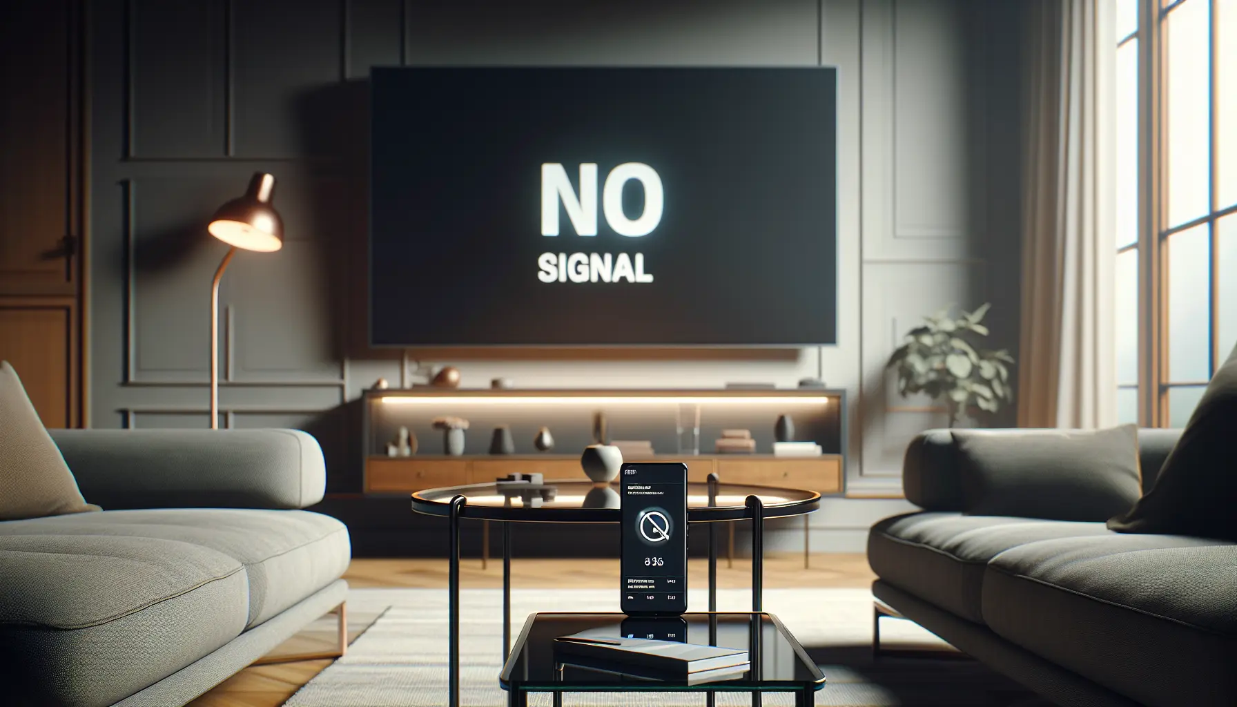 A modern living room with a TV displaying "No Signal" and a smartphone showing a troubleshooting guide.