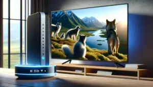 Alt text: A stable Wi-Fi router with glowing blue light streams sits by a TV showing a crystal-clear nature documentary.