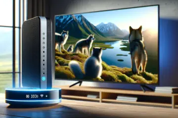 Alt text: A stable Wi-Fi router with glowing blue light streams sits by a TV showing a crystal-clear nature documentary.