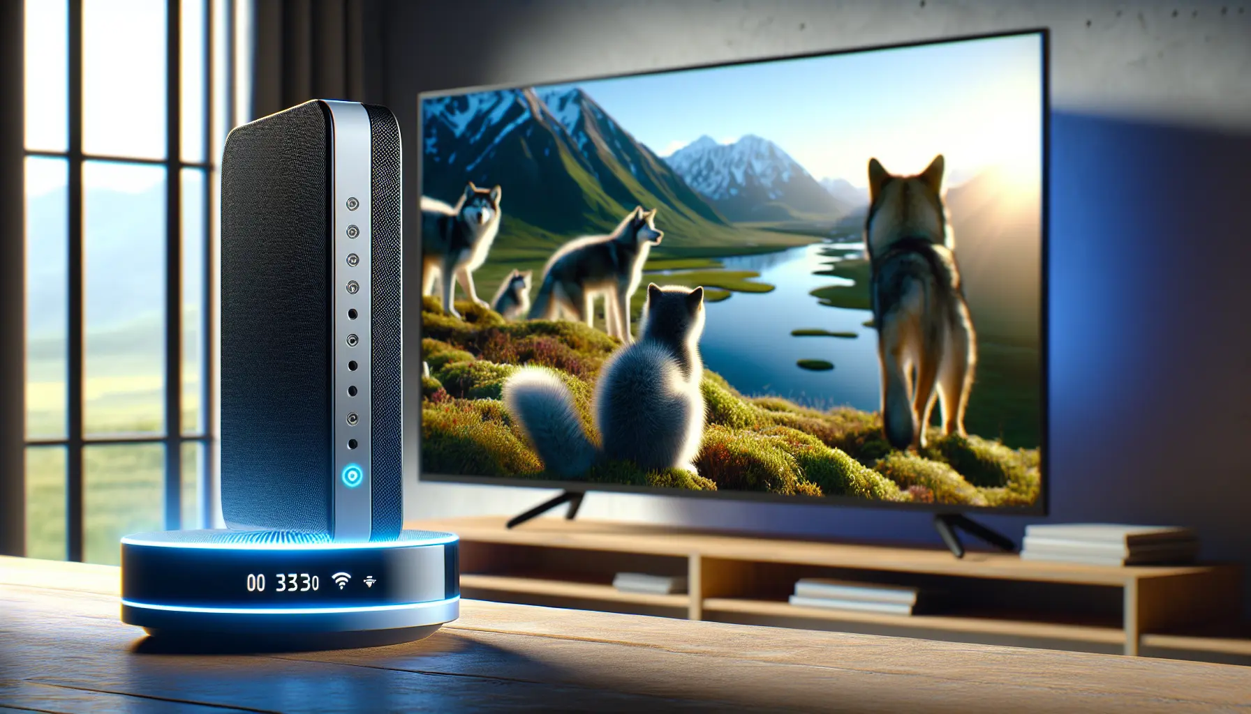 Alt text: A stable Wi-Fi router with glowing blue light streams sits by a TV showing a crystal-clear nature documentary.