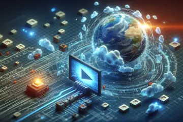 alt_text: An abstract illustration of modern IPTV technology, showing video streaming over an internet network with data packets.