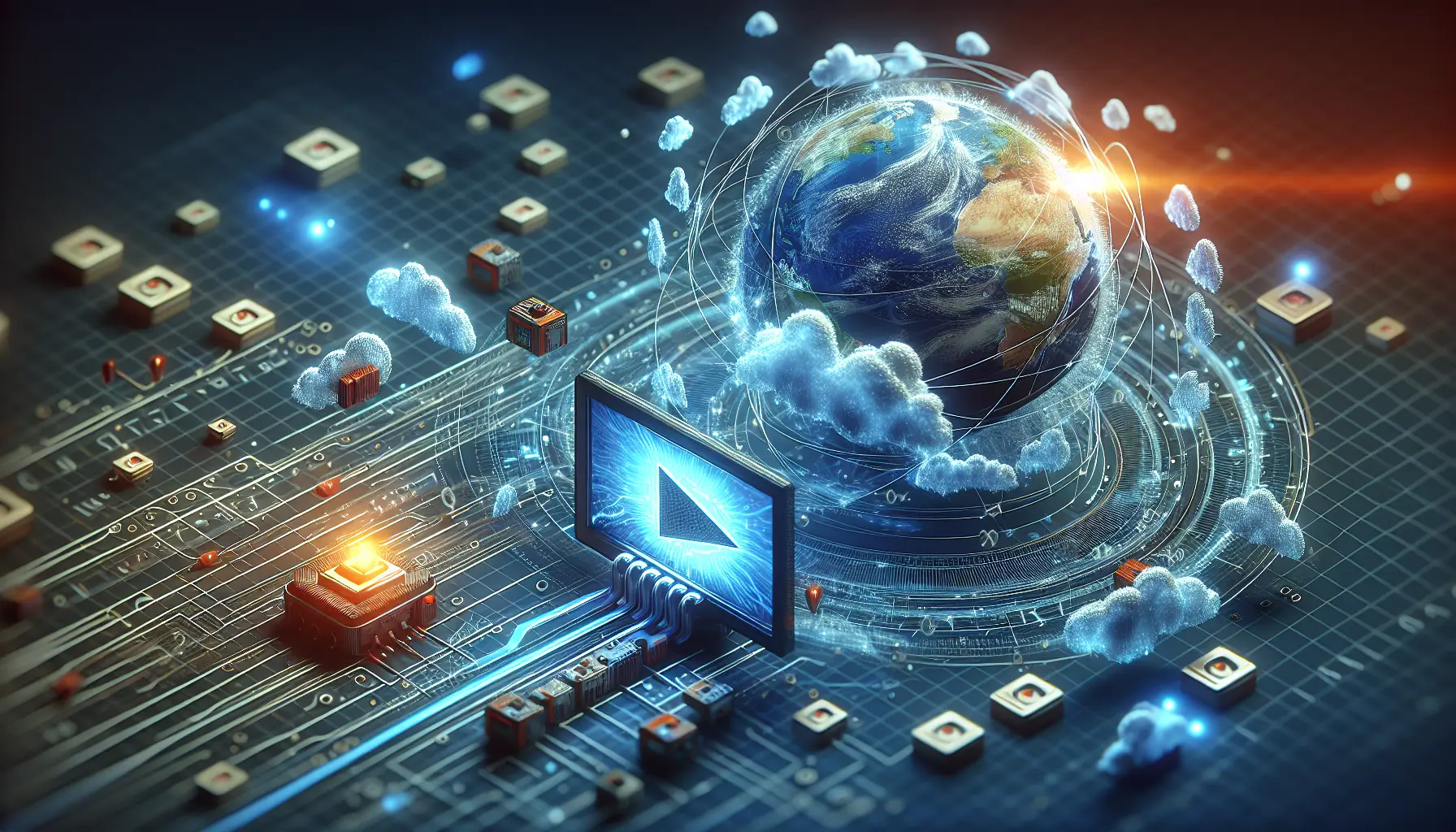 alt_text: An abstract illustration of modern IPTV technology, showing video streaming over an internet network with data packets.