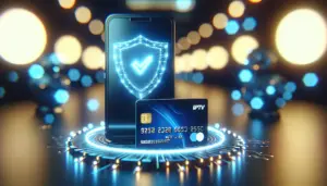 Secure digital payment for IPTV services, showing a smartphone with a glowing shield overlaid on a credit card.