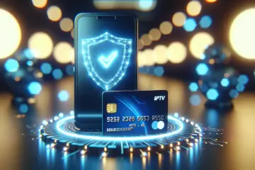 Secure digital payment for IPTV services, showing a smartphone with a glowing shield overlaid on a credit card.